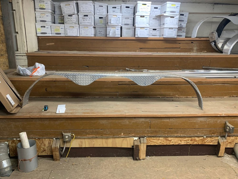 USED ATP TRIAXLE AXLE FENDER, ALUMINUM TREAD PLATE, DENTED AND CREASED, 7"X106"X20"