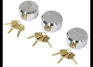 TRIMAX PUCK LOCK FOR TRAILER DOOR HASPS, 3/8" SHACKLE, CHROME STEEL, 3 PACK, KEYED ALIKE