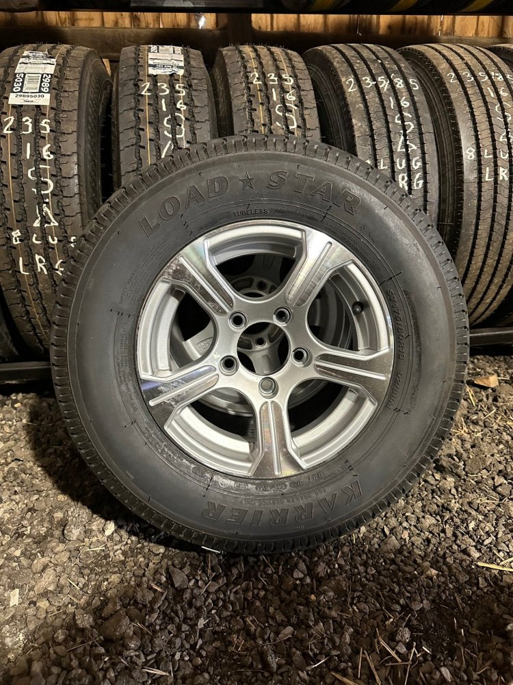 ST175/80R13 LOADSTAR KARRIER ALUMINUM WHEEL AND TIRE, 5 SPOKE, POLISHED, 5 LUG, 5X4.5