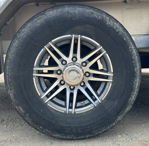235/80R16 NOVAE ALUMINUM SPARE TIRE & WHEEL - GUNMETAL SPLIT 6 SPOKE SIDEWINDER, 8 LUG, 8X5.5 - LRE
