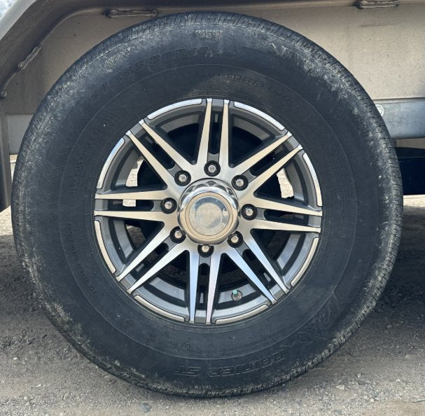 235/80R16 NOVAE ALUMINUM SPARE TIRE & WHEEL - GUNMETAL SPLIT 6 SPOKE SIDEWINDER, 8 LUG, 8X5.5 - LRE